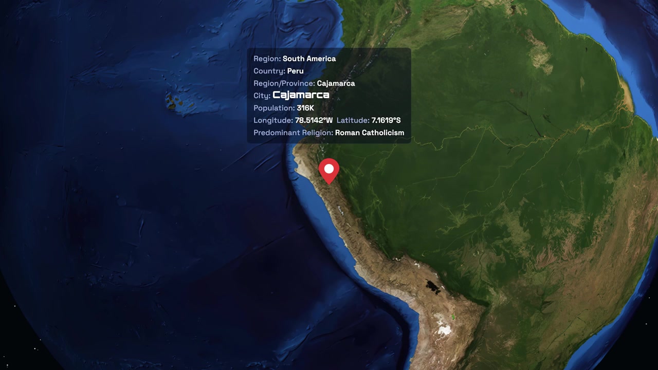 Digital earth rotation zooms into South America, highlighting Cajamarca, Peru with location data overlay