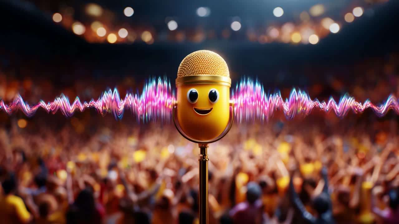 Vibrant Golden Microphone with a Cheerful Face Surrounded by an Energetic Crowd, Capturing the Essence of Joyful Performances and Festive Atmosphere in a Dynamic Event