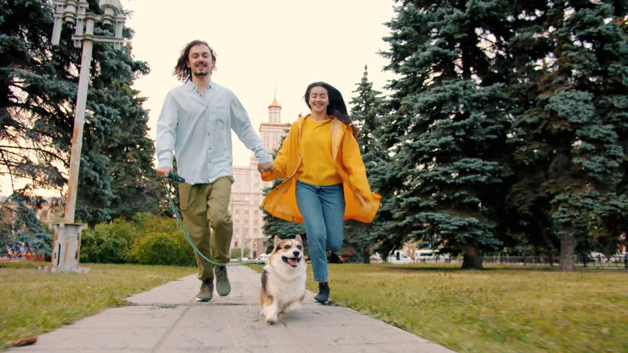 Couple walking their dog in the park