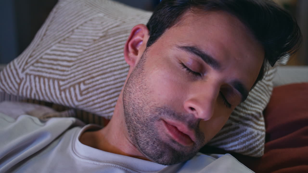 Domestic guy napping couch at TV watching closeup. Portrait tired man asleep