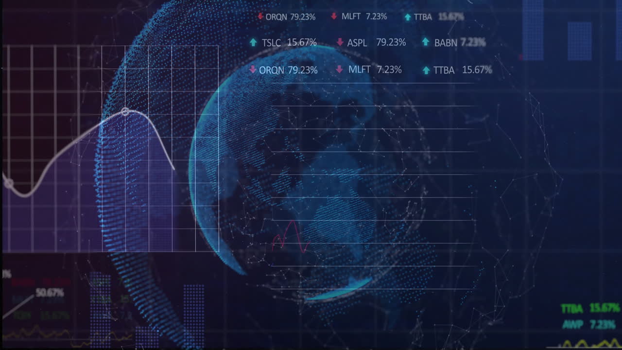Animation of digital globe with financial graphs on blue technological background