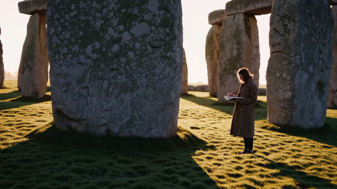 Woman reading a book at Stonehenge at Sunrise/Sunset