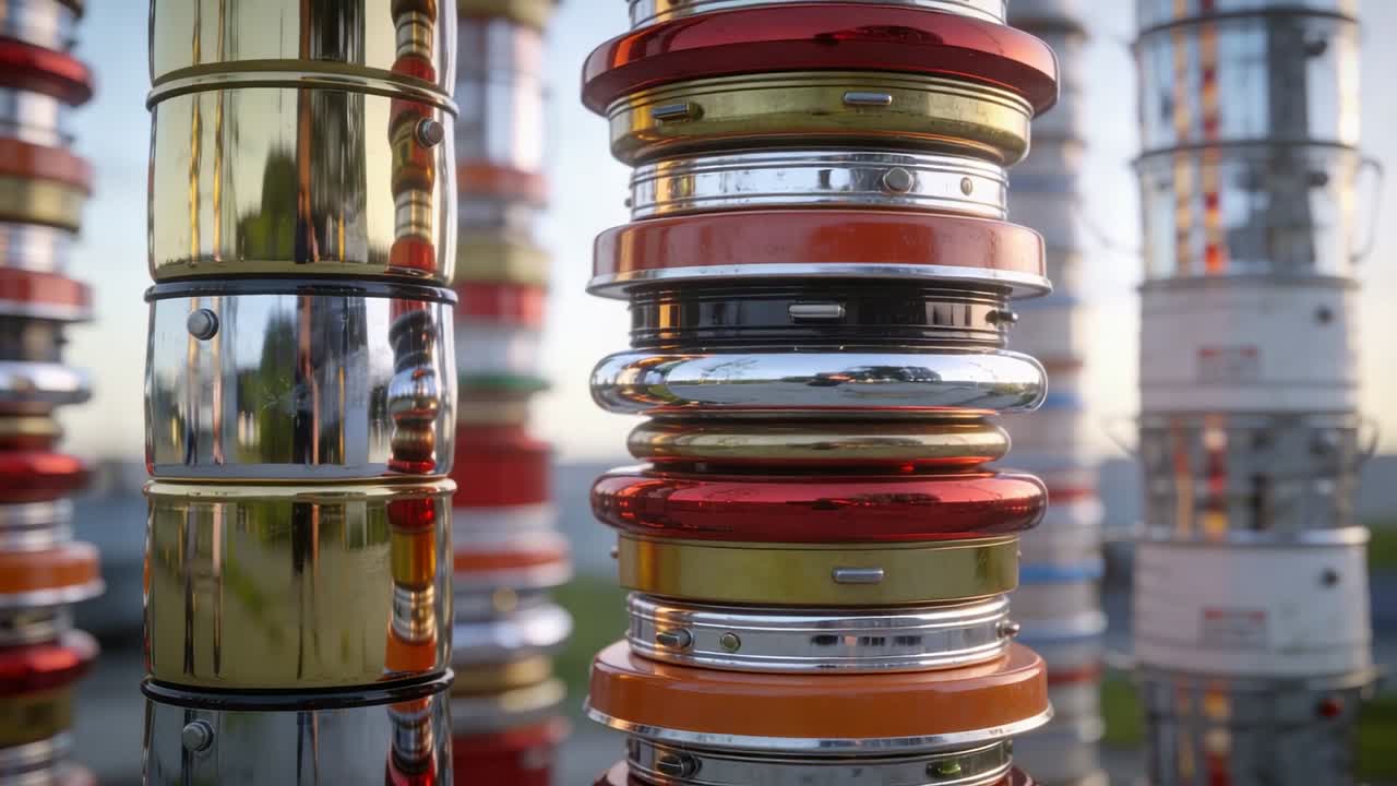 Colonna di anelli mobili rosso arancio, argento e oro che mostra bagliori mentre la telecamera panoramica su erba e rivetti