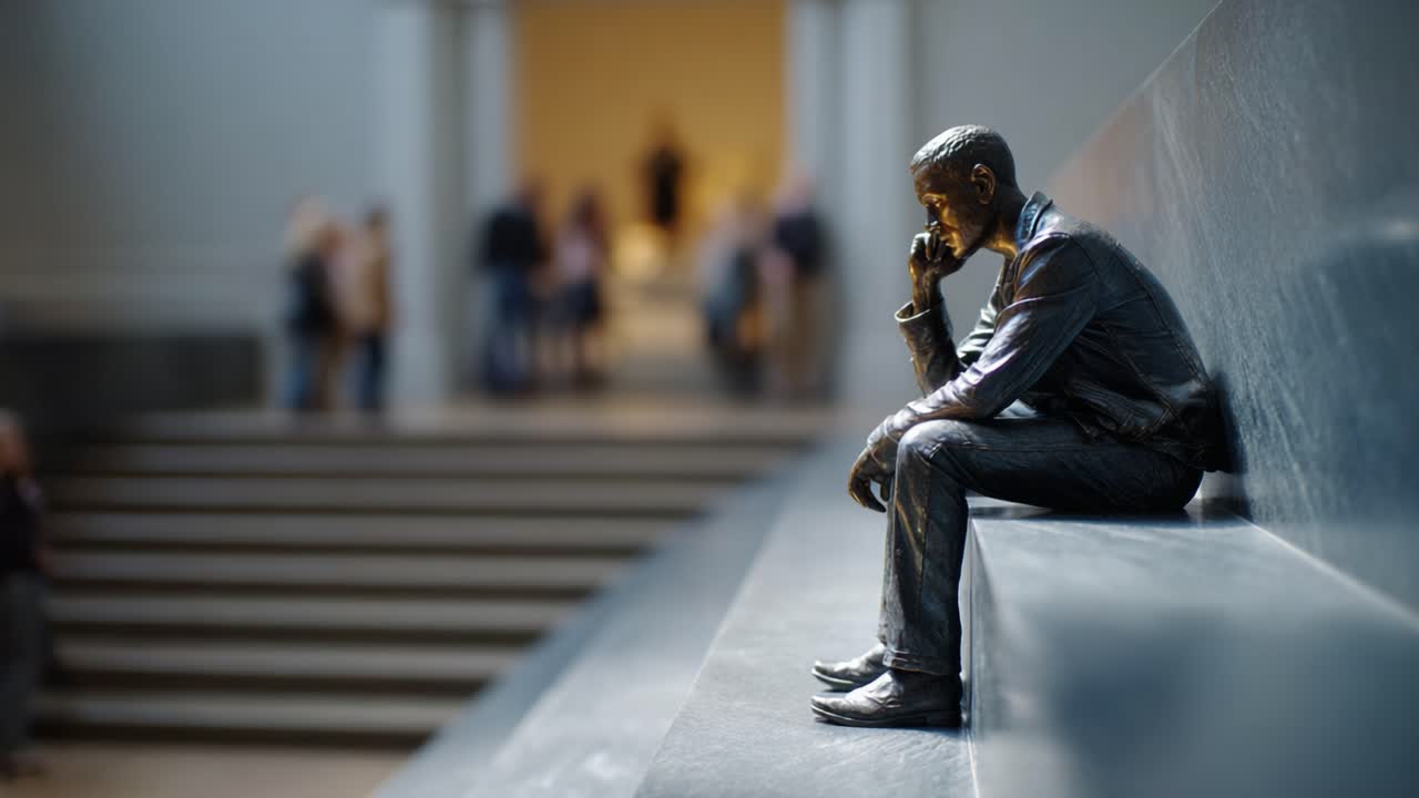 A contemplative bronze sculpture depicting a seated figure lost in thought, framed by a backdrop of blurred museum visitors, capturing a moment of introspection