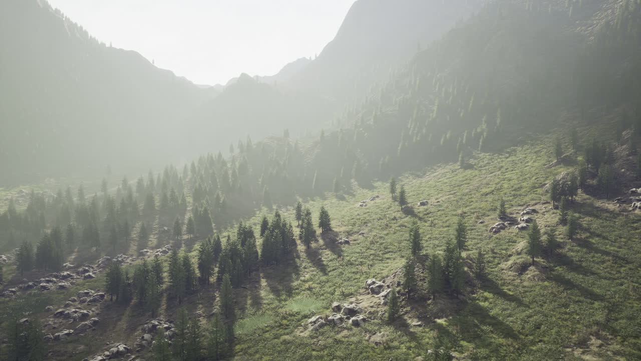 Mountains and greenery greet the morning light in a serene scene