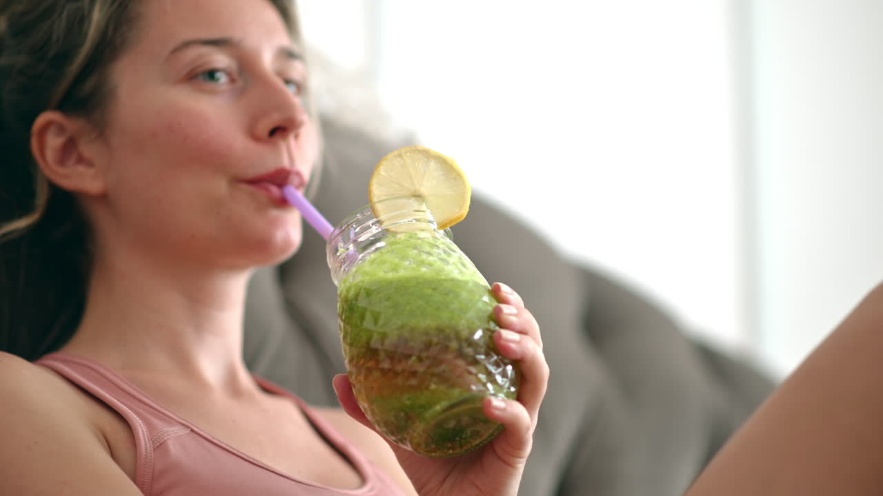 Close up of a woman drinking a green juice while sitting on a couch