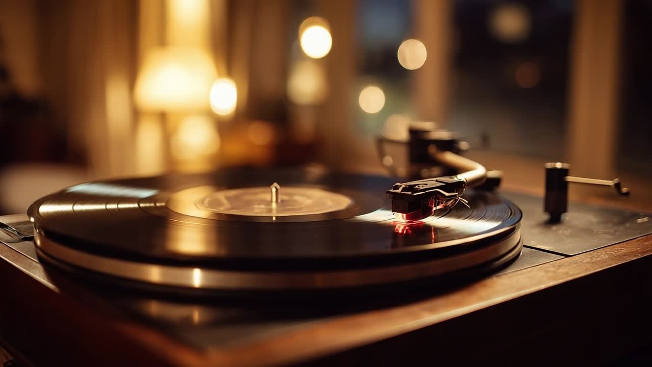 Listening to vinyl records in a cozy living room during the evening