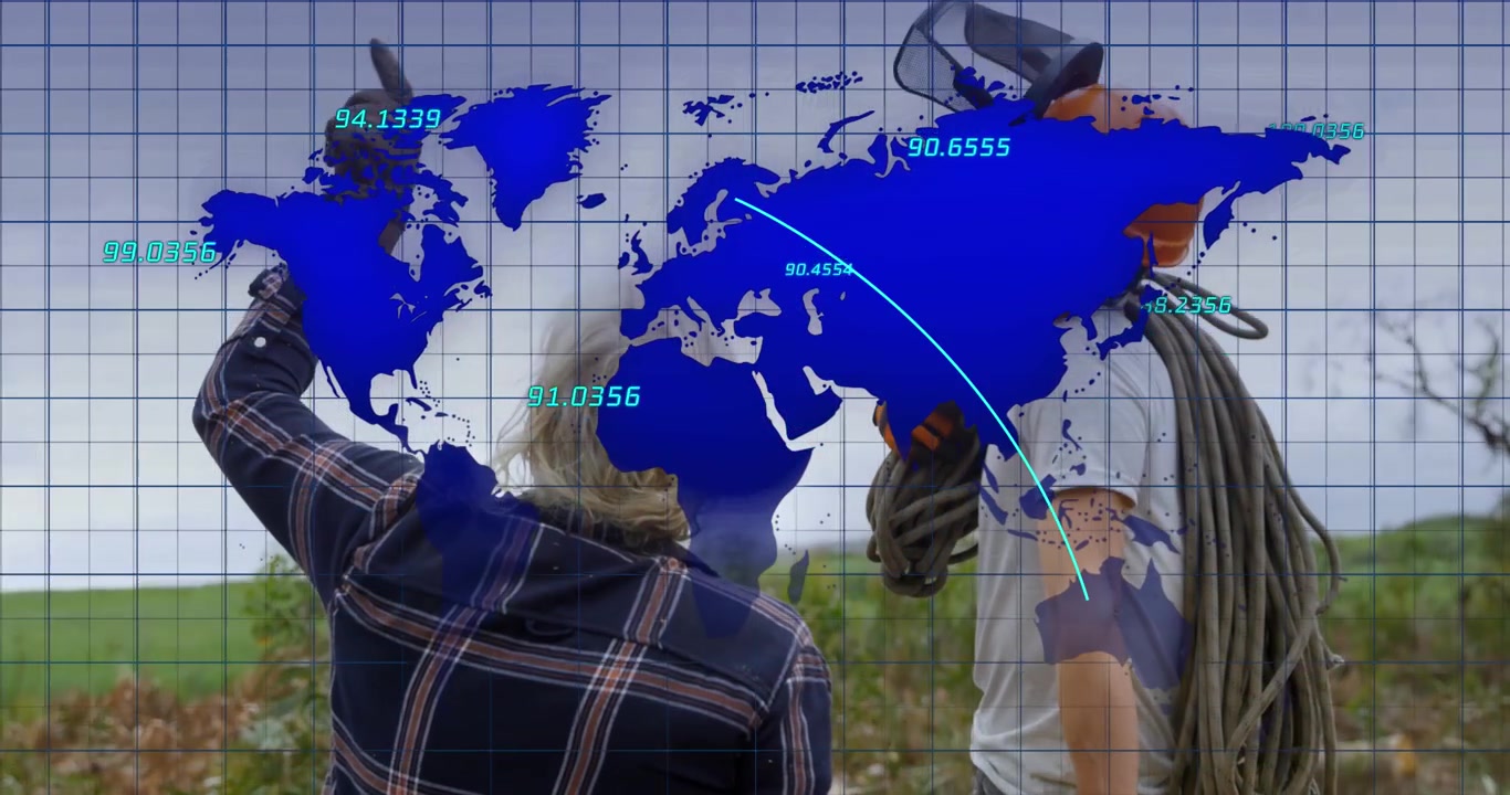 Animação de mapa-múndi sobre dois lenhadores.