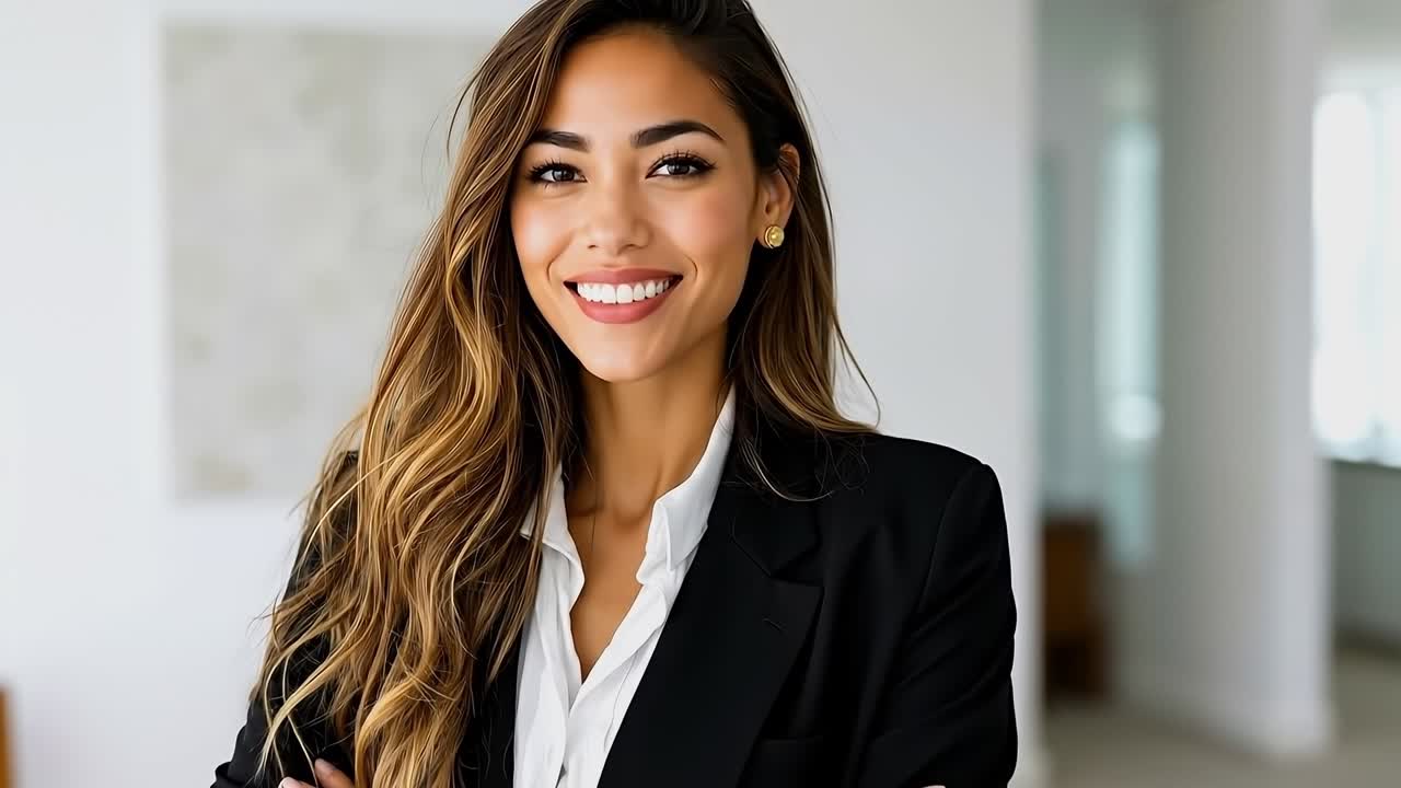 Una donna con un blazer nero e una camicia bianca sorride alla fotocamera