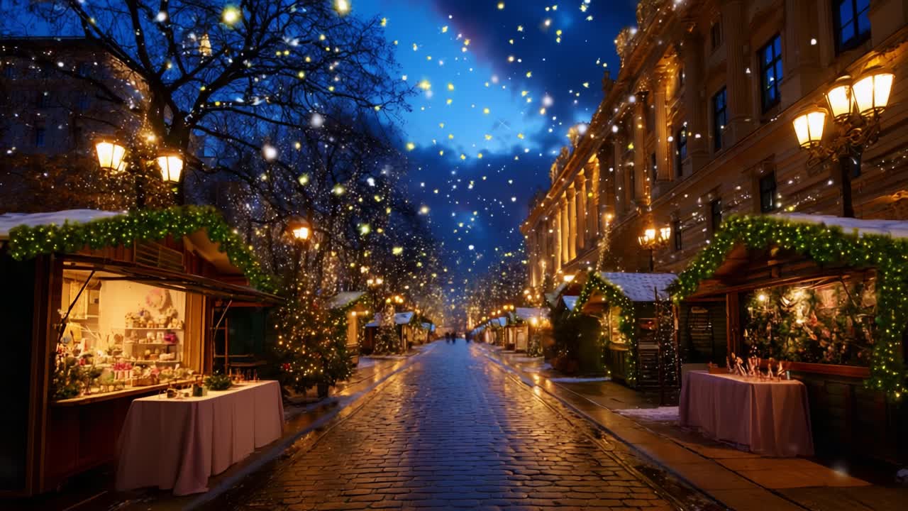 A Magical Night at a Festive Market: Snowflakes and Sparkling Lights Illuminate the Street as Vendors Display Holiday Goods Amidst a Winter Wonderland Atmosphere Full of Warmth and Joy