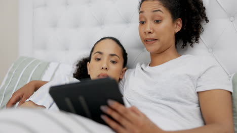 tablet, relax and lgbt couple in bed watching