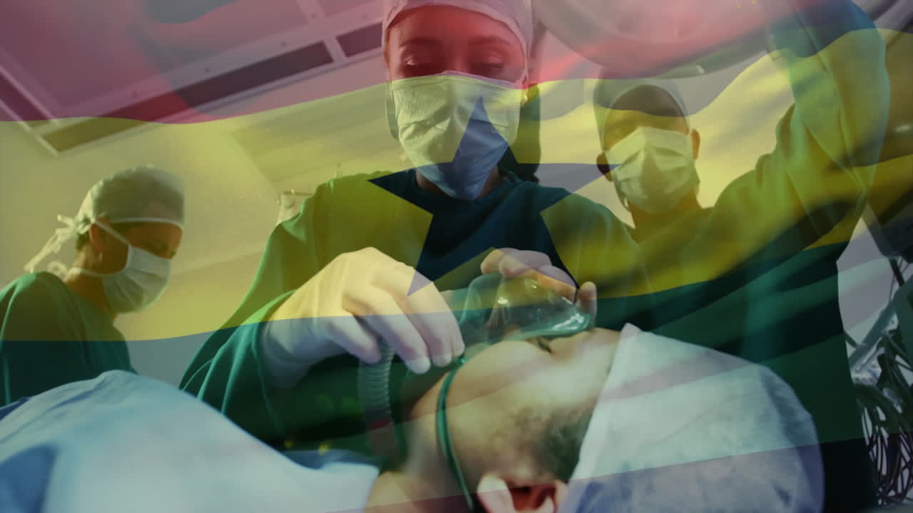 Animation of flag of ghana over diverse surgeons during surgery