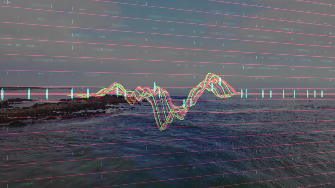Colorful data graph animation over ocean waves and rocky shoreline