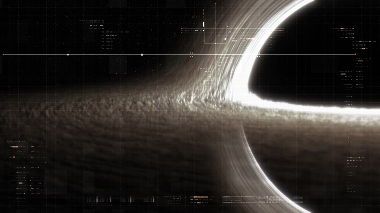 Supermassivt sort hul, begivenhedshorisont, gylden akkretionsskive, gravitationel linseeffekt, krummet rumtid, hvirvlende plasma, stjerner i dybden af rummet, cinematisk kosmos, astrofysisk koncept, HUD.
