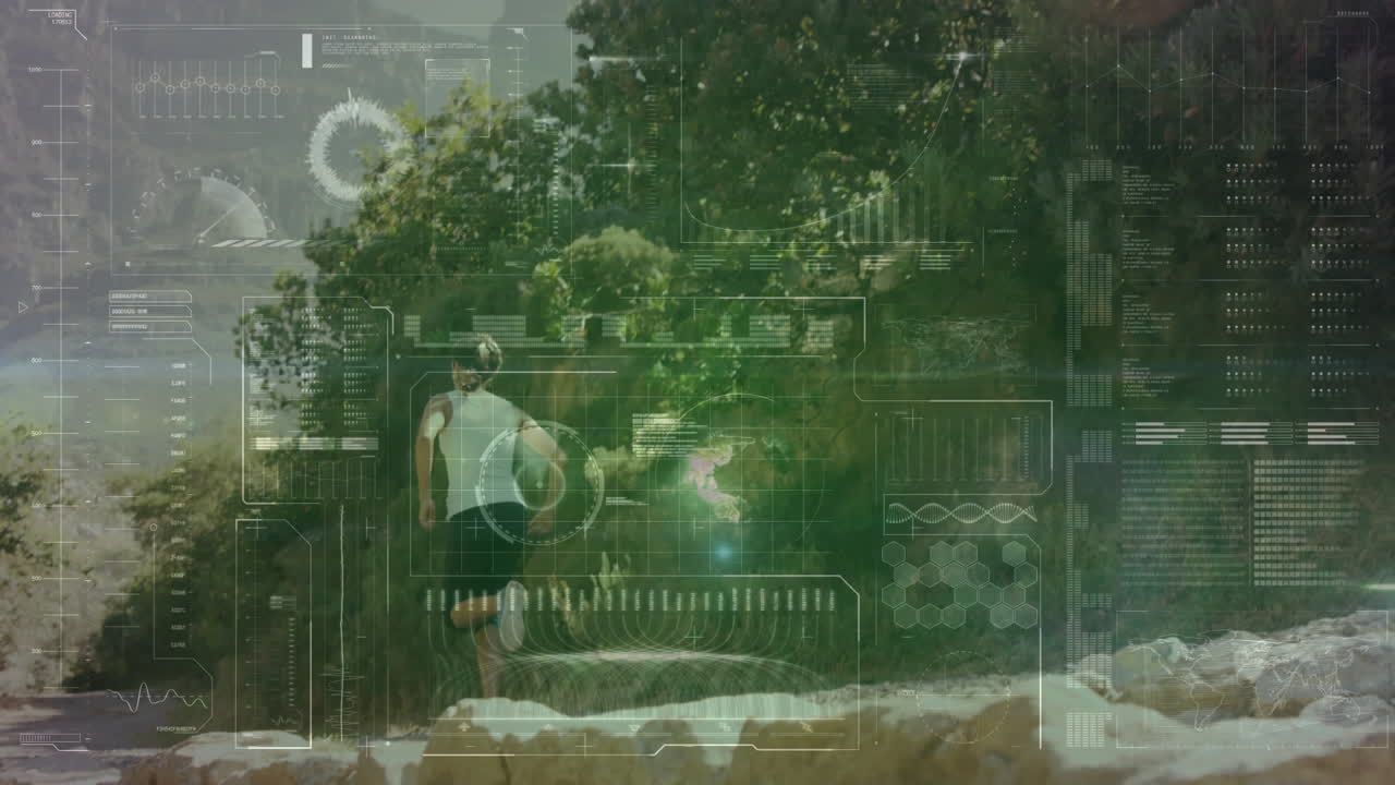 Animation of digital screen and data processing over fit woman running