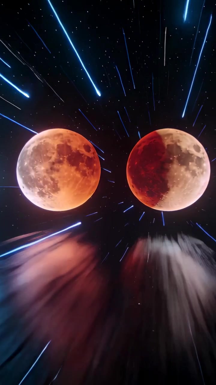 Vertical video: Two moons appearing shifting hues among stars, radiating streaks suggesting motion