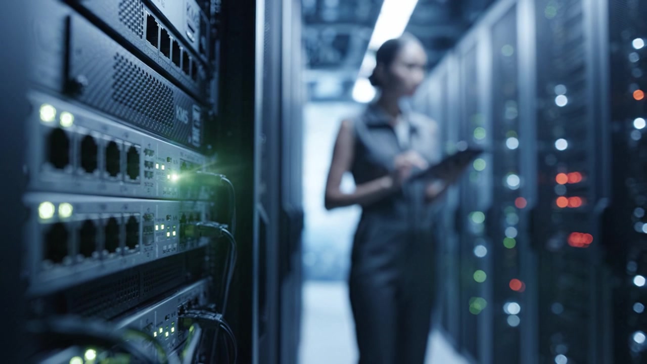 Data Center Operations: A Professional Managing Servers While Analyzing Network Performance in a High-Tech Environment with Advanced Equipment and Lighting