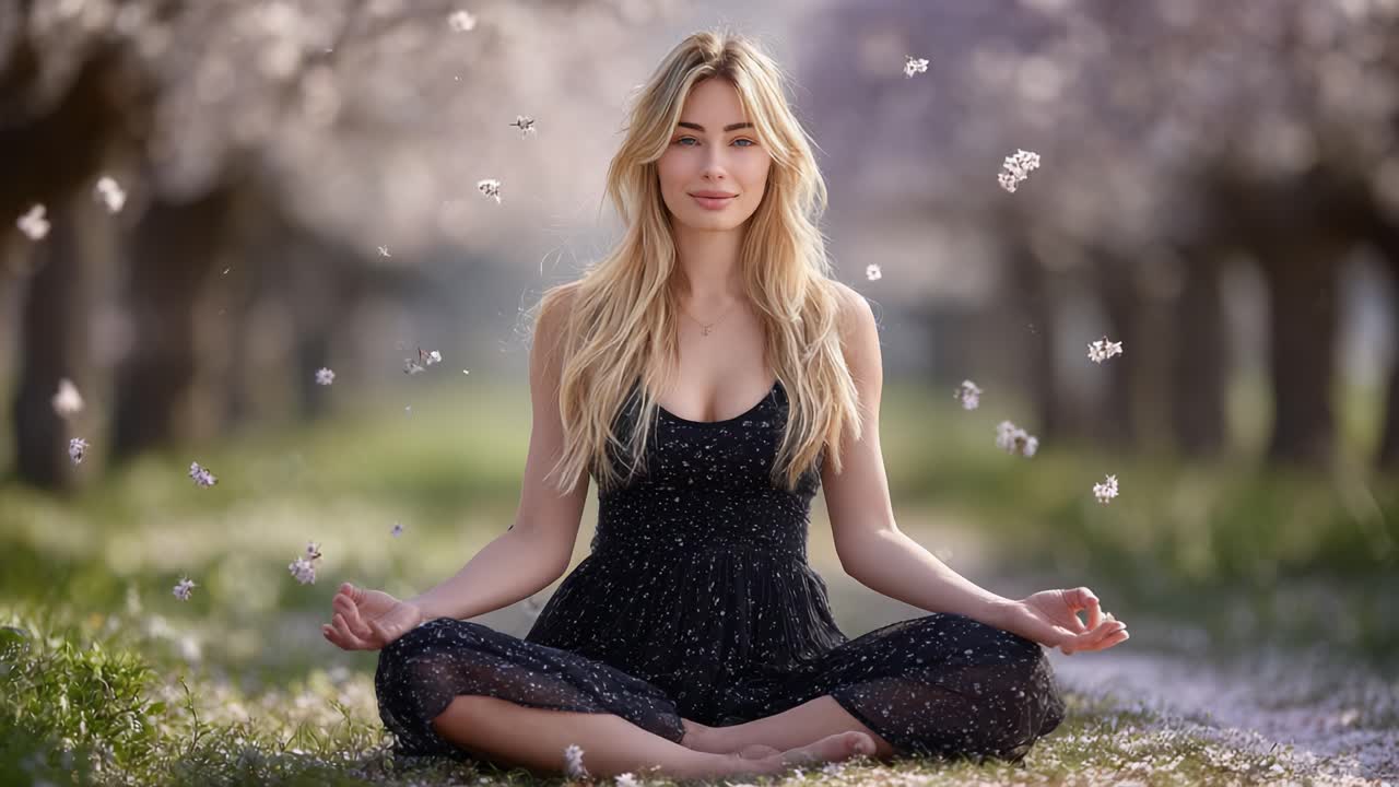 A Serene Moment: A Young Woman in a Floral Setting, Meditating Peacefully Amidst Falling Blossoms, Embracing Inner Calm and Nature's Beauty