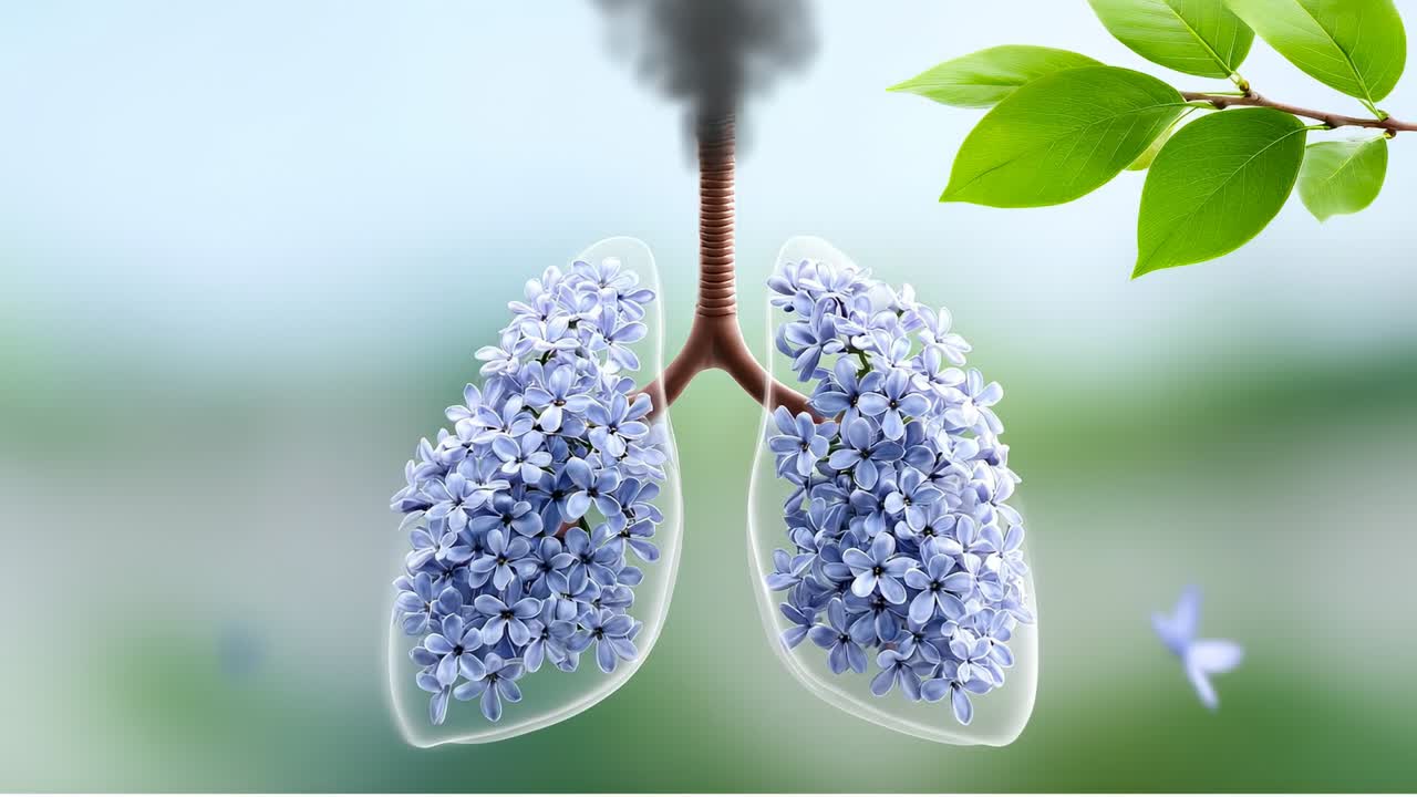 Fiori e fumo nei polmoni. I polmoni mostrano fiori e fumo, evidenziando un mix di natura e inquinamento su uno sfondo semplice con colori verdi.