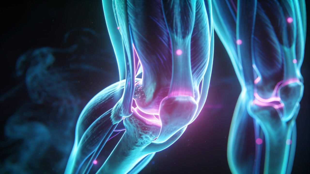 Animating clear lower limb rotating, flexing knee in nebula void, showing tendons, magenta nodes
