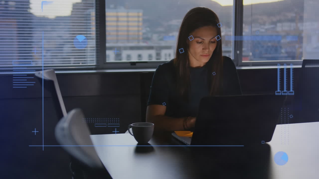 animación de líneas, radares y formas geométricas, mujer biracial con café trabajando en portátil