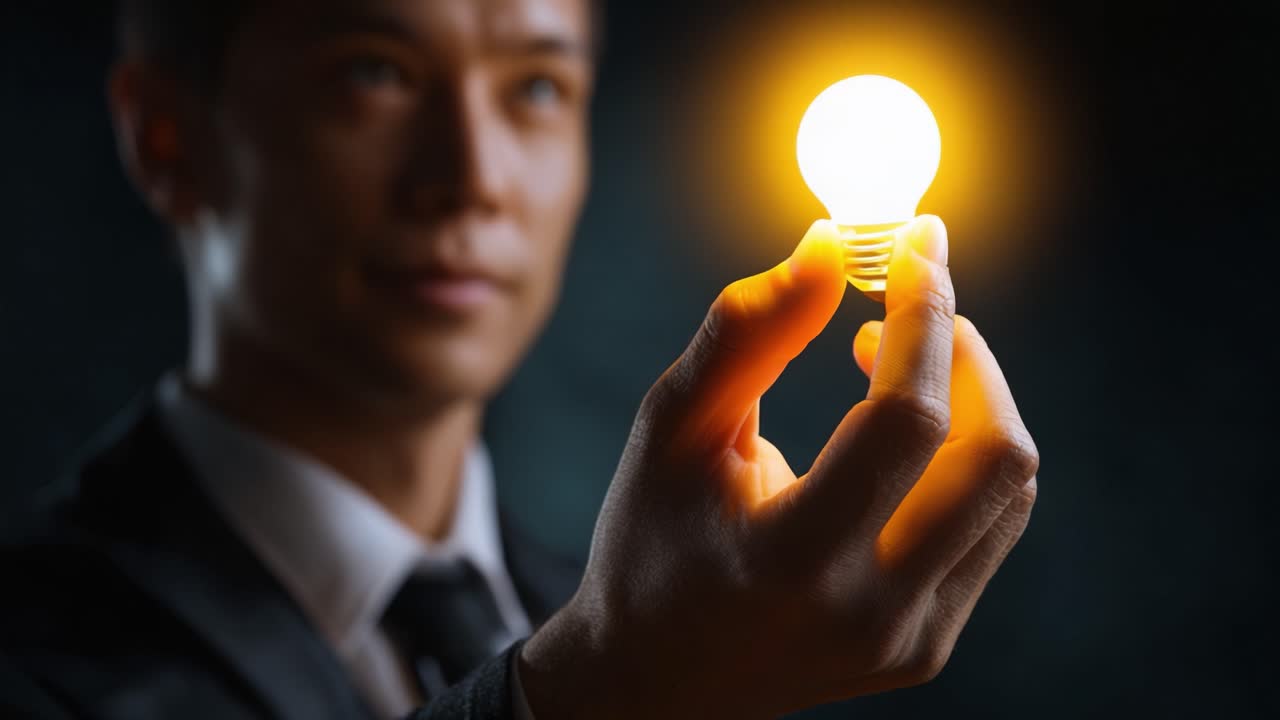 A thoughtful man holds a glowing light bulb in his hand, symbolizing innovation, ideas, and the spark of creativity in a dark, moody atmosphere