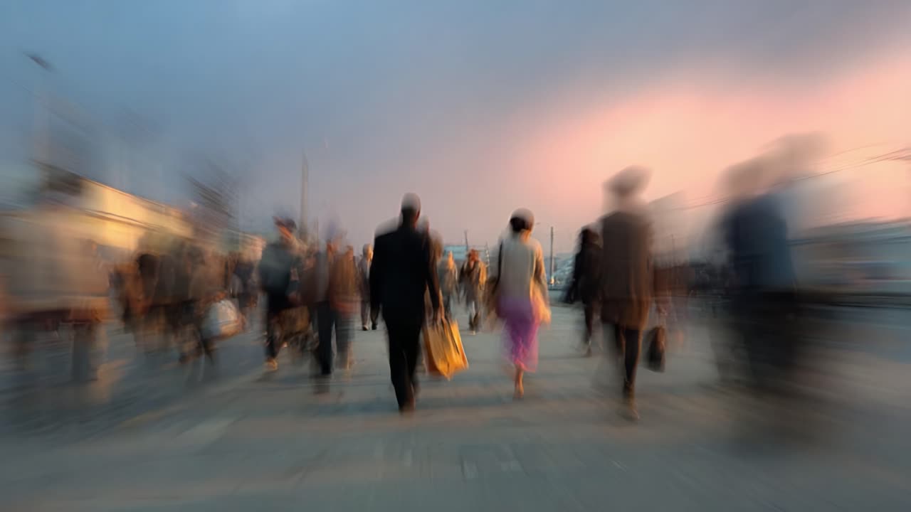A Dynamic Urban Scene Captured at Dusk: People Moving in a Bustling Atmosphere, Reflecting the Vibrancy and Energy of City Life Amidst Soft Evening Light