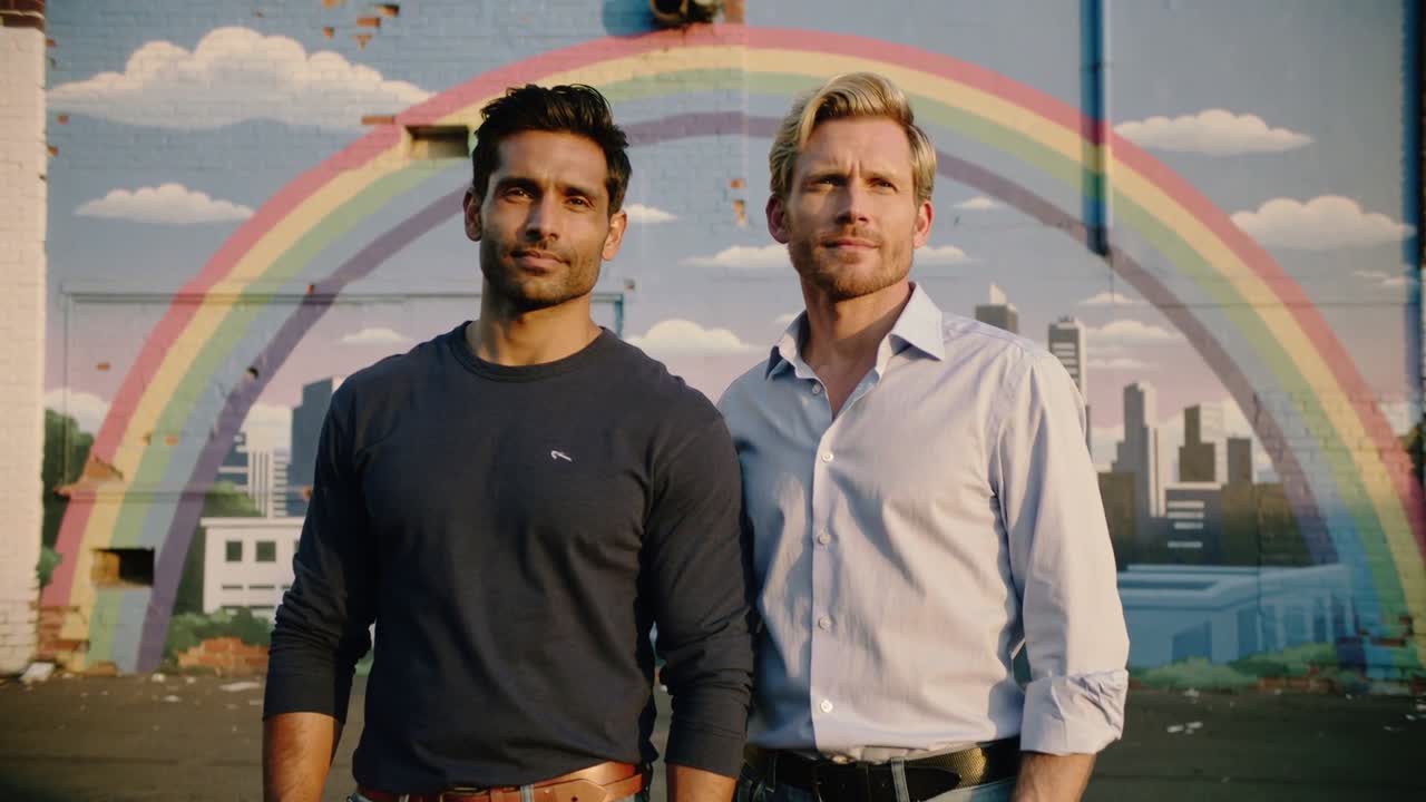 La telecamera stringe l'inquadratura, due uomini in piedi fianco a fianco, rivelando un arco arcobaleno murale per marketing.