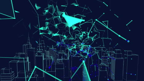 animation of digital city over network of connections on black background