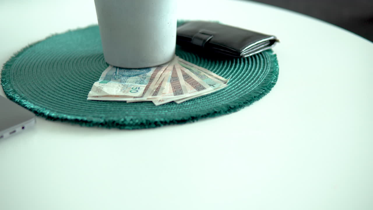 Polish money on white table with black wallet and a green flower in a pot, great composition with banknote and nature