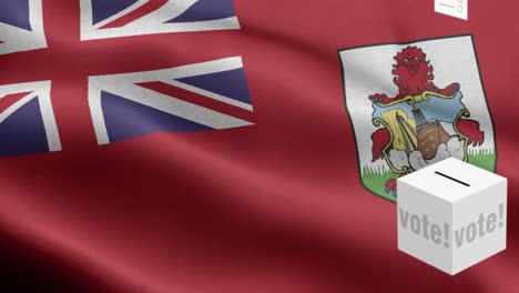 las papeletas de votación vuelan a la caja para la selección de las bermudas - caja de votación frente a la bandera - elección - voto - bandera de las bermudas - bandera de las bermudas de alto detalle - bandera nacional patrón de ondas de las bermudas elementos en bucle - textura de tela y bucle sin fin