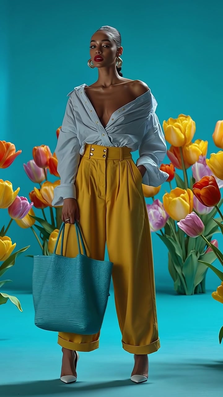 Donna alla moda che cammina con una borsa tote blu davanti a giganteschi fiori gialli