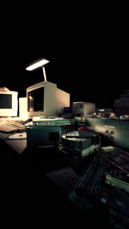 piezas de computadora antiguas en un escritorio oscuro