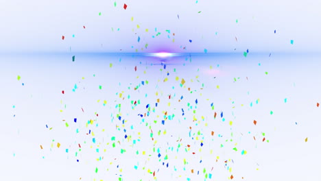 animation of purple shapes over light trails and confetti on white background