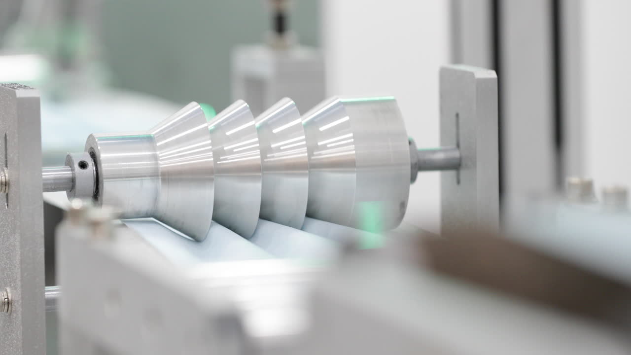 заводское производство хирургической маски с использованием промышленного оборудования для складки ткани - защита от коронавируса и ковид-19 - панорамирование слева, фокус стойки