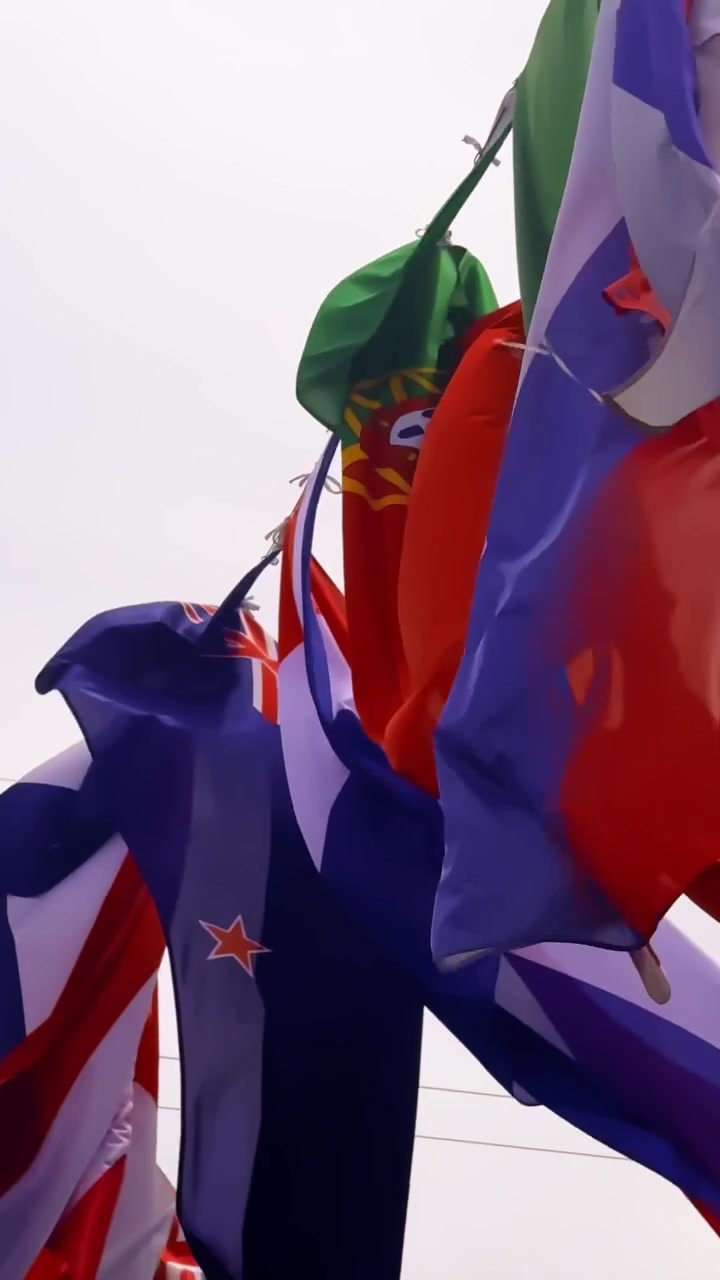 Close-up of international flags waving in strong wind, with visible Vietnam and Thailand colors against a pale sky at an outdoor cultural event.