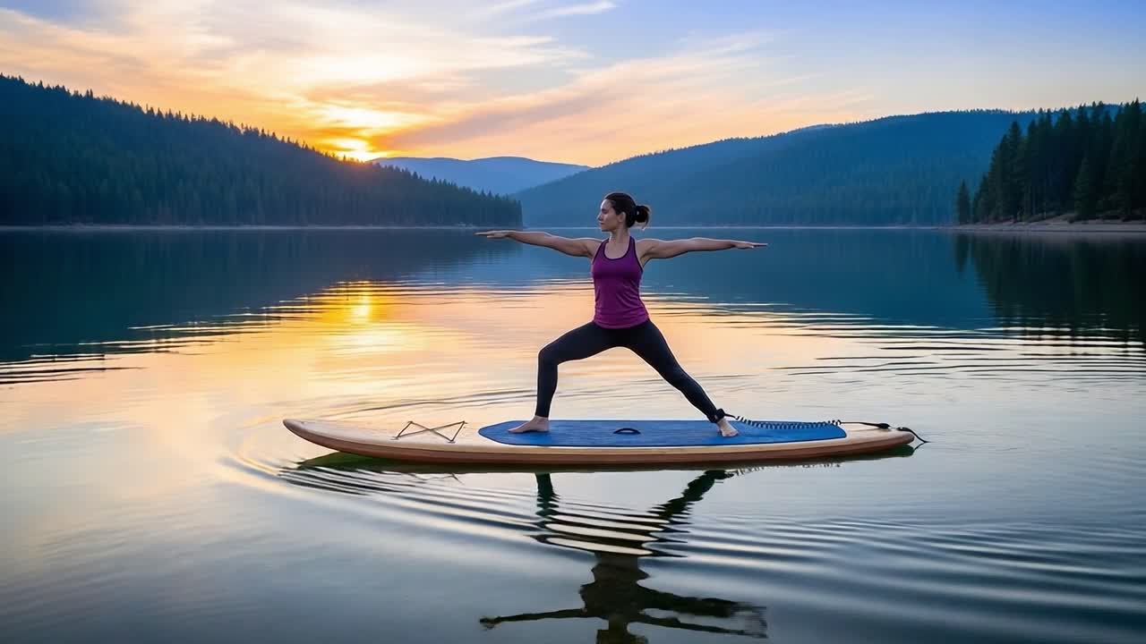 A serene moment as a woman practices yoga on a paddleboard at sunset, perfectly balanced on a tranquil lake surrounded by lush forest mountains and reflecting skies