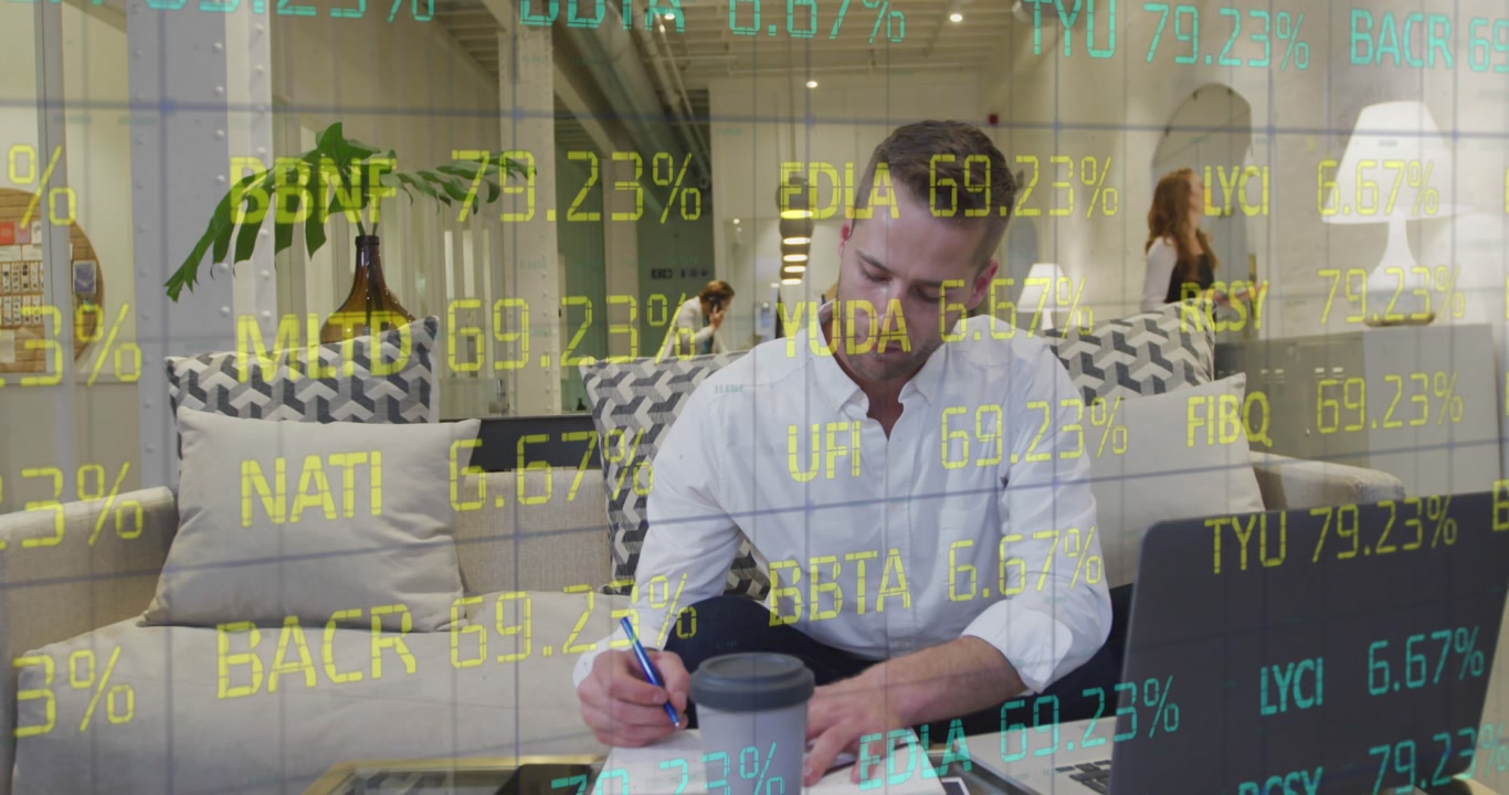 Animation of trading board, caucasian man drinking coffee and writing in notepad while using laptop