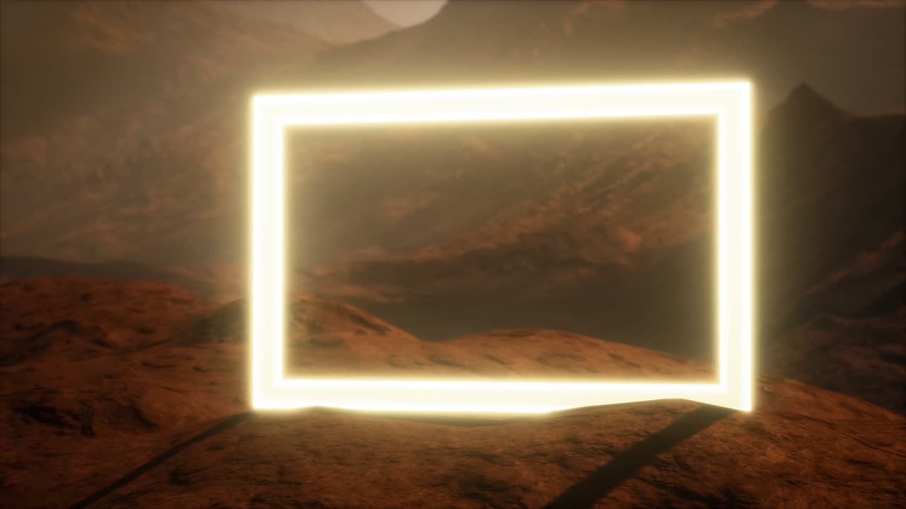 portal de neón en la superficie del planeta marte con el soplo de polvo