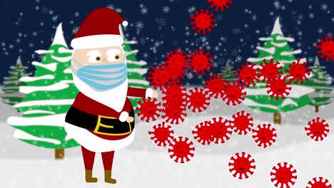 masked cartoon santa fighting covid-19 in snowy forest