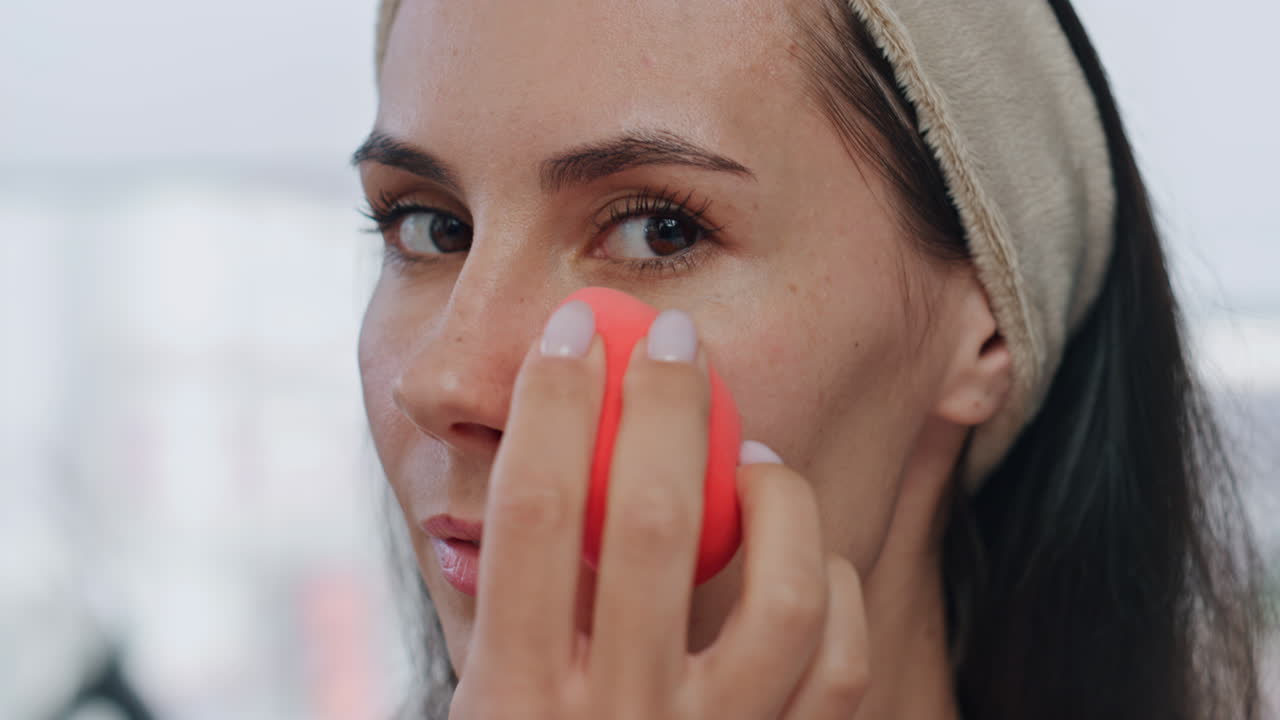 chica relajada disfrutando del rostro en el retrato del baño. mujer aplicando la fundación