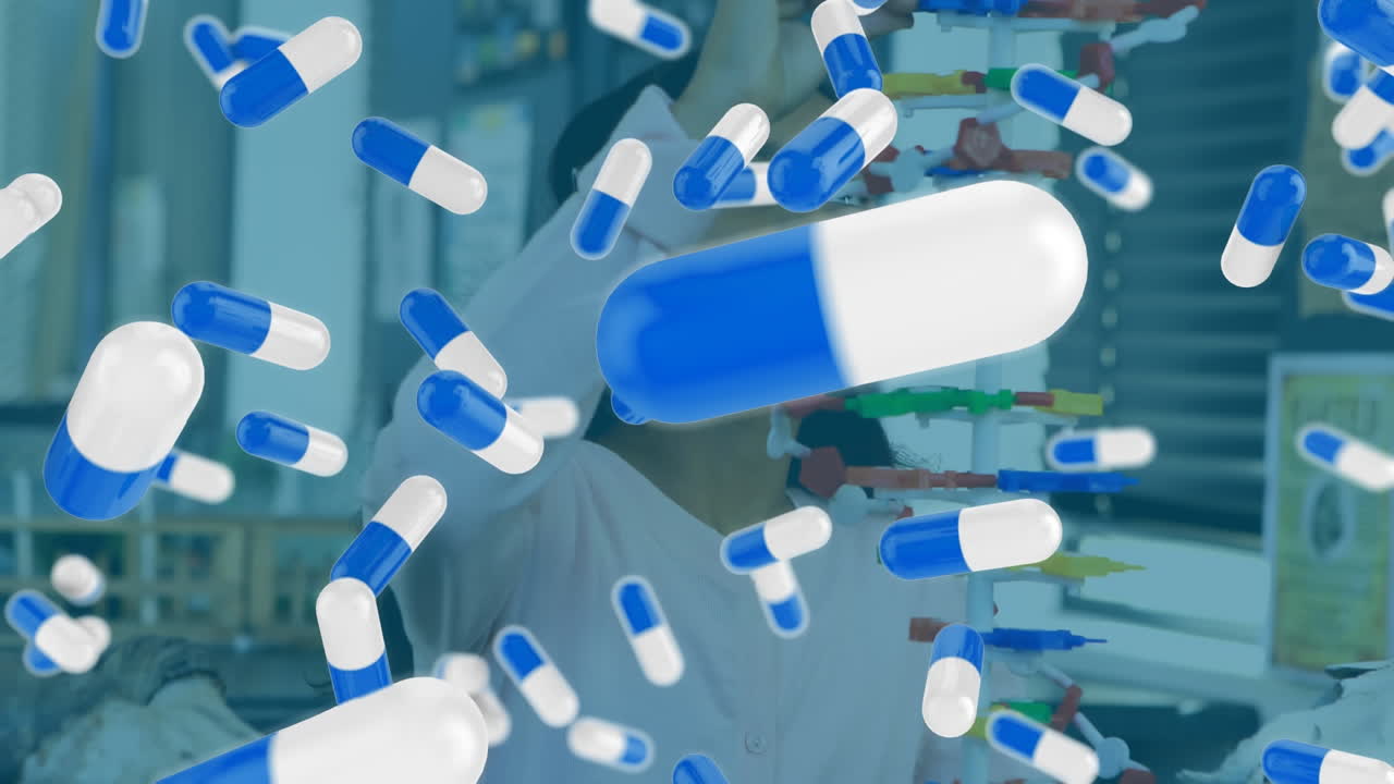 여학생 건물 3d 모델 위에 떨어지는 파란색과  ⁇ 색 알약  ⁇ 의 애니메이션