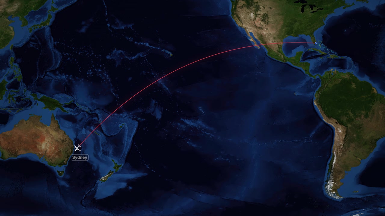 Animated Flight Path from Miami to Sydney on World Map