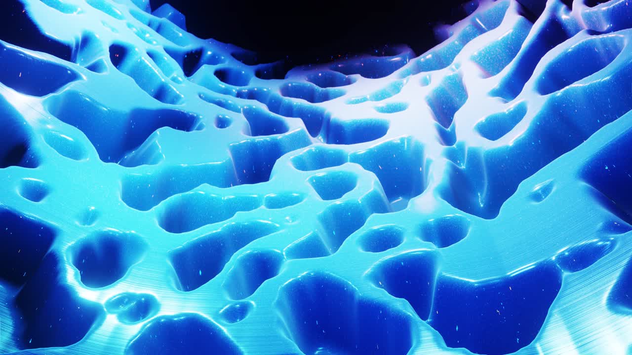 fantastical festive blue bg. Stylish abstract looped background, waves move on glossy surface like landscape made of liquid blue wax with sparkles. Beautiful soft background with smooth animation 4k