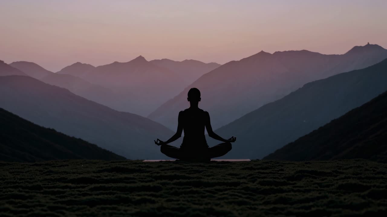 Silhouette of a person meditating at sunrise in a mountainous landscape