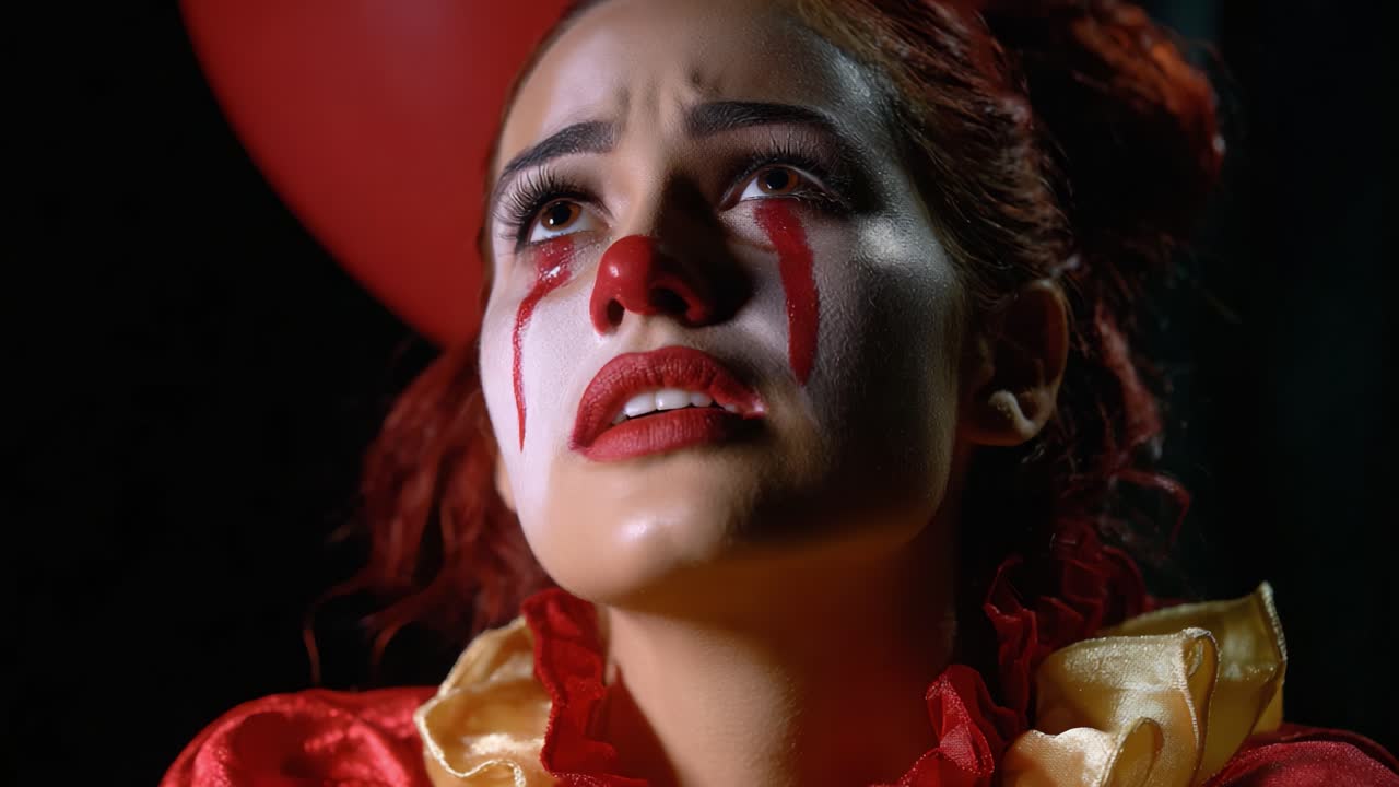 A Dramatic Portrait of a Clown Girl with Tearful Makeup Gazing Upward, Capturing Deep Emotional Expression and the Symbolism of Fear and Joy Under Dim Lighting