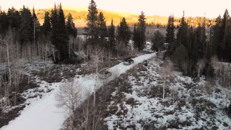 Aerial-follow-of-two-cars-with-Christmas-trees-in-Idaho-National-Forest-during-a-winter-sunset