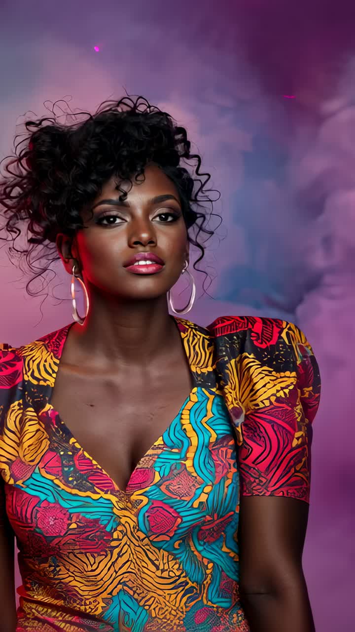 Vertical video: Posing model tilting head, camera tightening for studio shot with bold dress, hoops