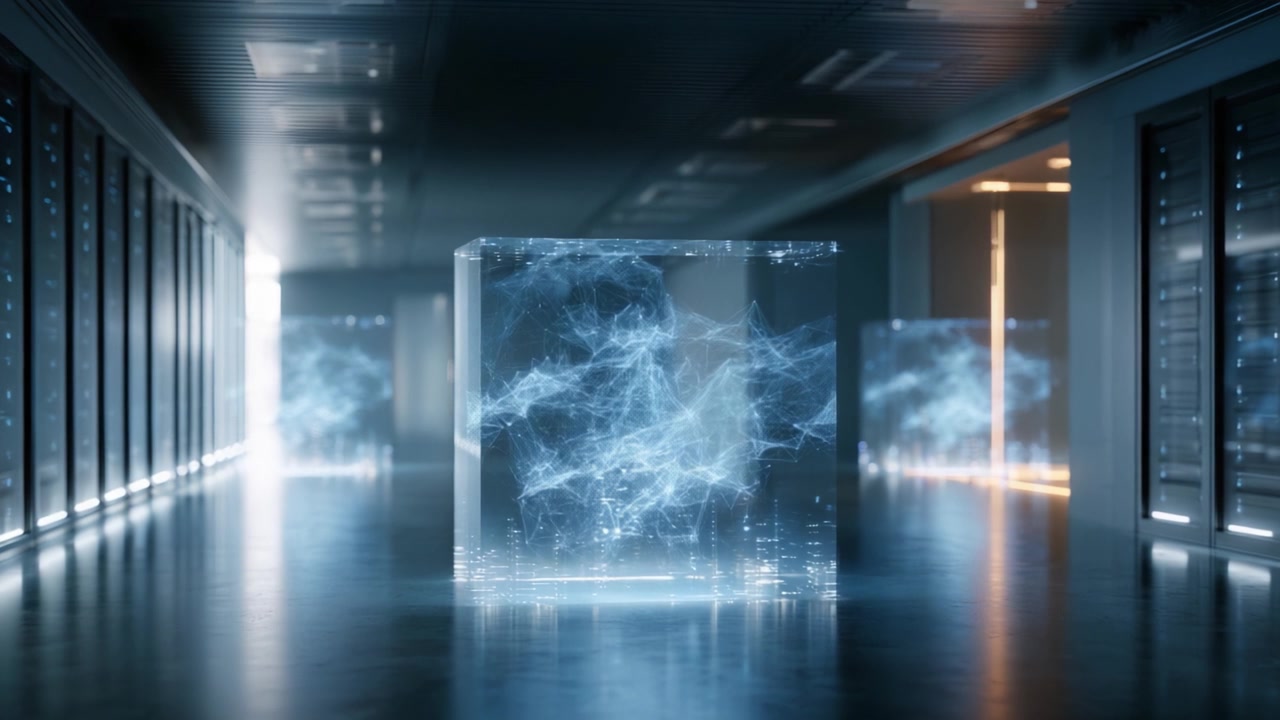 An Ethereal Digital Environment Showcasing Cubic Structures Radiating Complex Patterns of Light, Symbolizing Data Flow and Technological Innovation in a Modern Server Facility