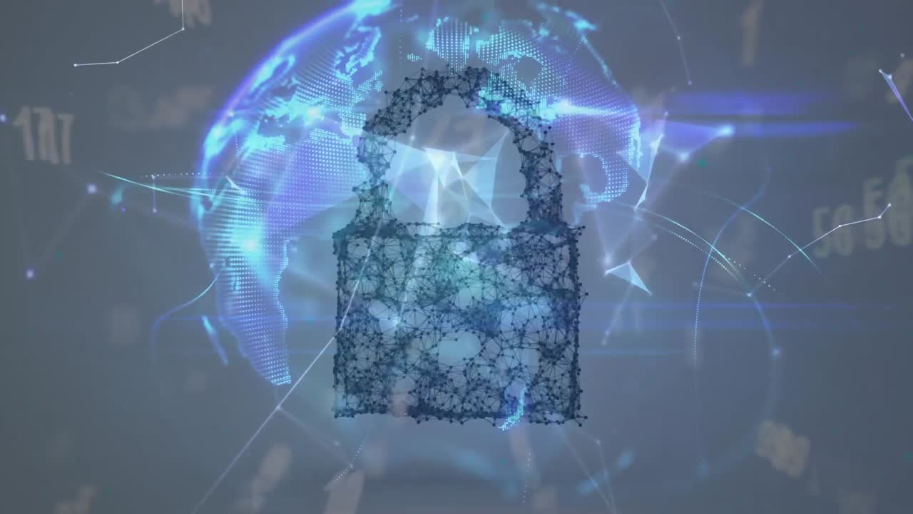 animación de la red de candados, sobre un globo brillante con conexiones y luz azul